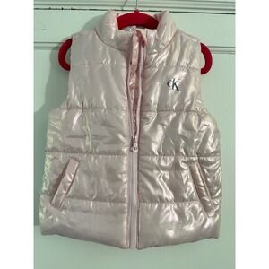 Calvin Klein Jeans Girls 2T Metallic Pink Puffer Vest Logo Tape Mock Neck Zip Up